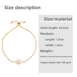 Detail of 18K gold plated tree of life bracelet with adjustable chain and zircon stones