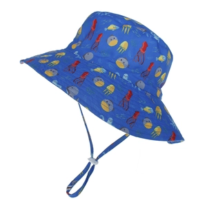 Detail of blue sun hat with octopus print and adjustable windproof drawstring