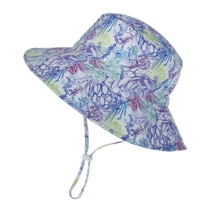 Detail view of floral kids sun hat with tropical print and adjustable chin strap cord