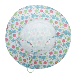 Detail view of children's sun hat featuring floral pattern and breathable mesh lining