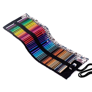 Canvas roll-up pencil case with 48 colored pencils and cute cartoon cat pattern print