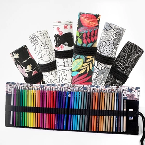 Canvas Pencil Roll Case Large Capacity Colored Pencil Holder Wrap Bag For Artist Drawing Sketching Floral Animal Printed Stationery