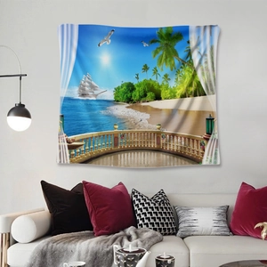 Detail of beach view tapestry showing ocean and palm trees on a white bedroom wall