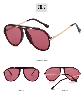 Three-view display of gold pilot sunglasses with burgundy lenses and slim metal frames