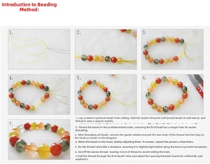 7-step DIY tutorial for beaded bracelets showing colorful round glass beads and elastic cord