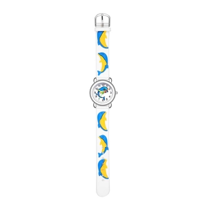 Detailed view of children's quartz watch with 3D dolphin motifs on white silicone strap