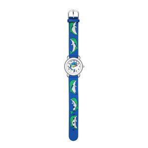 Detail of children quartz watch featuring blue silicone strap with green dolphin patterns