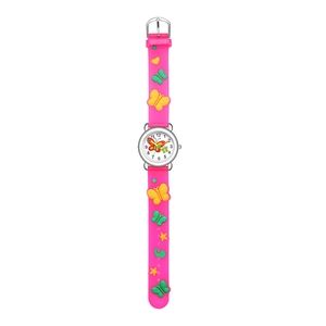 Detail showing the embossed butterfly patterns on the soft pink silicone watch strap