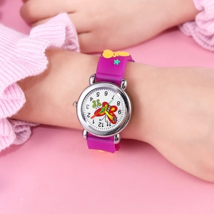 Detailed view of purple children's watch with 3D butterflies and starry soft strap