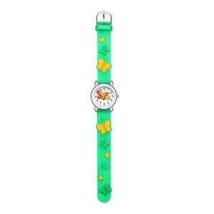 Detail of children's quartz watch with green 3D butterfly strap and numbered dial