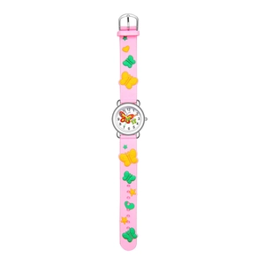 Detail of pink silicone strap with 3D butterflies and stars on kids quartz watch