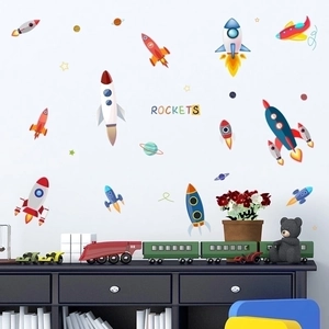 Cartoon Weltraum Rakete Wandtattoo für Kinderzimmer mit Planeten und Sternen