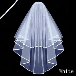 Short double-layer bridal wedding veil with elegant white ribbon edge on black background