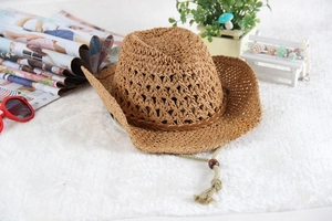Detail of hollow-woven straw cowboy hat with leather band and adjustable wind rope