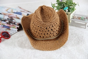 Detail of hand-woven hollow straw cowboy hat in tan with a decorative braided rope band