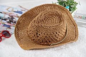 Detail of hollow woven straw cowboy hat with brown faux leather decorative band