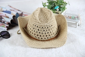 Close-up of beige woven straw cowboy hat with breathable hollow texture and band