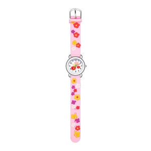 Macro detail of kids quartz watch showing 3D embossed floral patterns on pink silicone strap