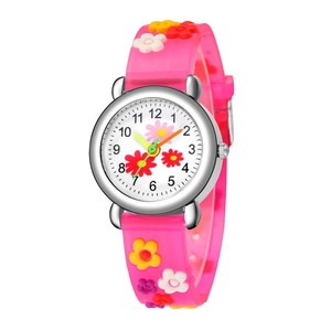 Close-up of kids' cartoon quartz watch with 3D embossed colorful floral strap