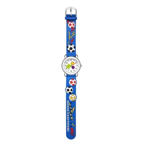 Detailed view of kids sports watch with blue 3D soccer relief strap and soccer theme dial