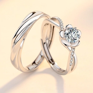 S925 Sterling Silver Couple Rings Adjustable Open Romantic Flower And Wave Jewelry Gift For Lovers Valentine Anniversary