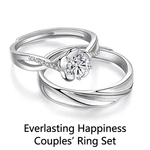 Adjustable S925 sterling silver couple rings with sparkling round cut gemstone main stone