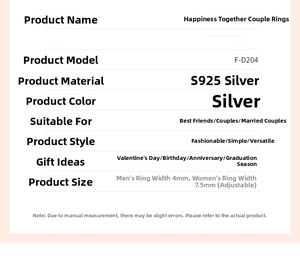 Detailed technical chart for S925 sterling silver couple rings with adjustable sizing