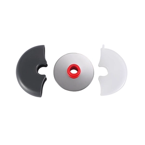 Circular stainless steel pizza cutter with red center and gray protective case