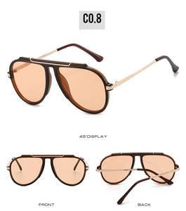 Three views of aviator sunglasses with amber lenses and gold metal temples