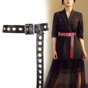 Women Wide Faux Leather Belt With Metal Eyelets Square Pin Buckle Fashion Punk Style Waistband For Dress Coat Accessory