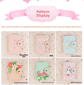 Detailed view of six cute PU leather card holders with various patterns and snap buttons