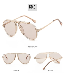 Multi-angle views of champagne gold oversized pilot sunglasses with transparent tea lenses