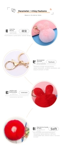 Close-up of plush rabbit ear keychain details with golden plating hooks and soft texture
