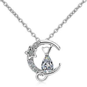 Cat Moon Pendant Necklace Copper With Cubic Zirconia Waterdrop Stone Sweet Animal Jewelry For Women
