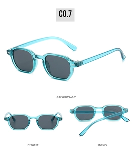 Detailed multi-angle view of vintage light blue translucent frame sunglasses with dark lenses