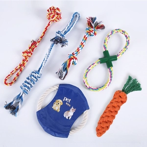 Detail view of 6-piece durable cotton rope toy set for pet chewing and dental health