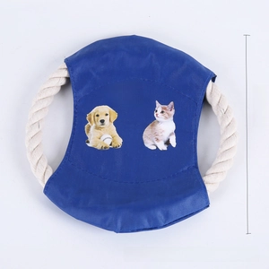 Detail of 18cm cotton rope pet frisbee toy with durable blue fabric and cute puppy print