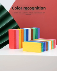 Detailed view of 12-color wooden dominoes set on display stand for color recognition