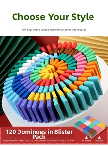 Close-up of 120 colorful wooden domino blocks sized 4.5x2x0.7cm on a white stand