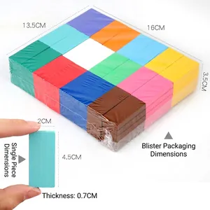 Colorful wooden domino blocks set in plastic packaging with detailed size dimensions
