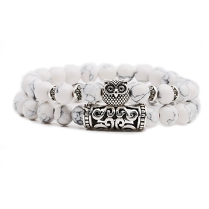 Vintage White Turquoise Beaded Bracelet Set With Copper Lion Head Owl Buddha Skull Charms Elastic Strand Bracelet Unisex Jewelry
