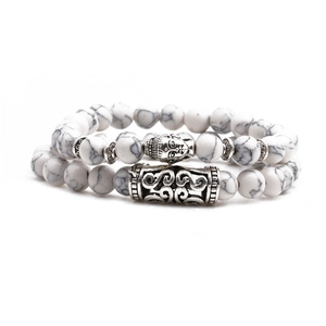 White turquoise beaded bracelet set with metallic Buddha head and marble texture beads