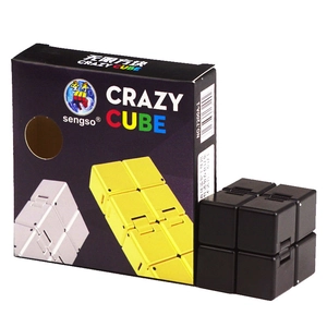 Macro shot of black infinity cube puzzle toy next to its original brand packaging box