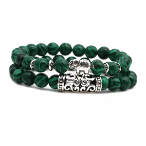 Bohemian malachite beaded bracelet set with vintage silver elephant charm and carved tube