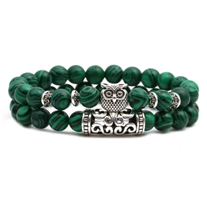 Malachite Beaded Bracelet Alloy Lion Elephant Owl Buddha Head Charm Vintage Ethnic Elastic Jewelry For Men Women