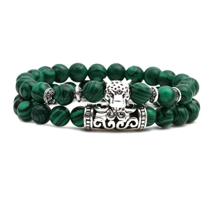 Malachite beaded bracelet set with silver leopard head and vintage metal tube charm