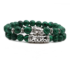 Double-layer malachite beaded bracelet with silver Buddha head and textured tube