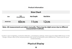 Detailed size chart for summer straw hat showing 60cm circumference and 12cm brim length