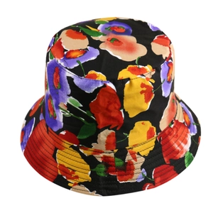 Detail of floral bucket hat showing reinforced brim stitching and colorful pattern