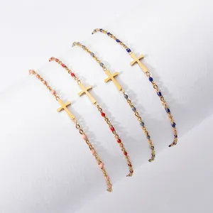 Stainless Steel Cross Pendant Bracelet With Colorful Enamel Beads Minimalist Religious Jewelry For Women Adjustable